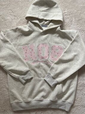 Aelfric Eden Light Gray Hoodie with Pink 'N08' Appliqué